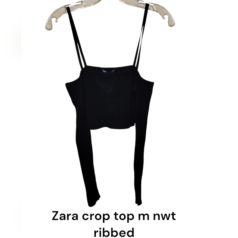 Zara Crop top Ribbed Black M Open shoulder Strap Knit Nwt